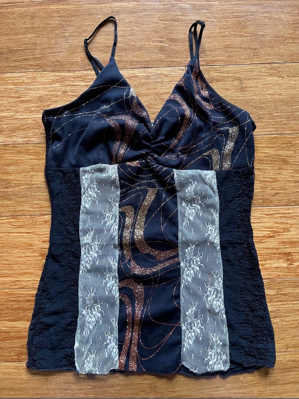 MKM Designs Black Cami with Metallic Bronze Swirl & Cream Lace